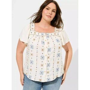 Torrid Embroidered Square Neck White Blue Brown, Size 6